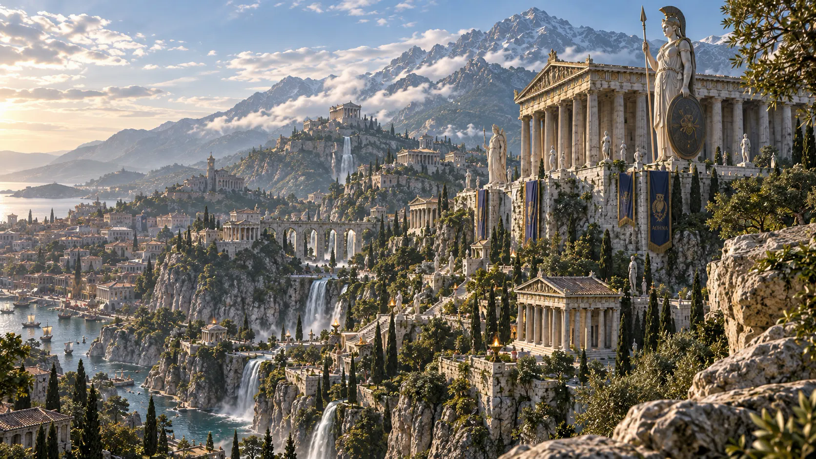 Athenaion 原專案公開的第一張參考圖：山壁上的柱廊建物與藍綠水面